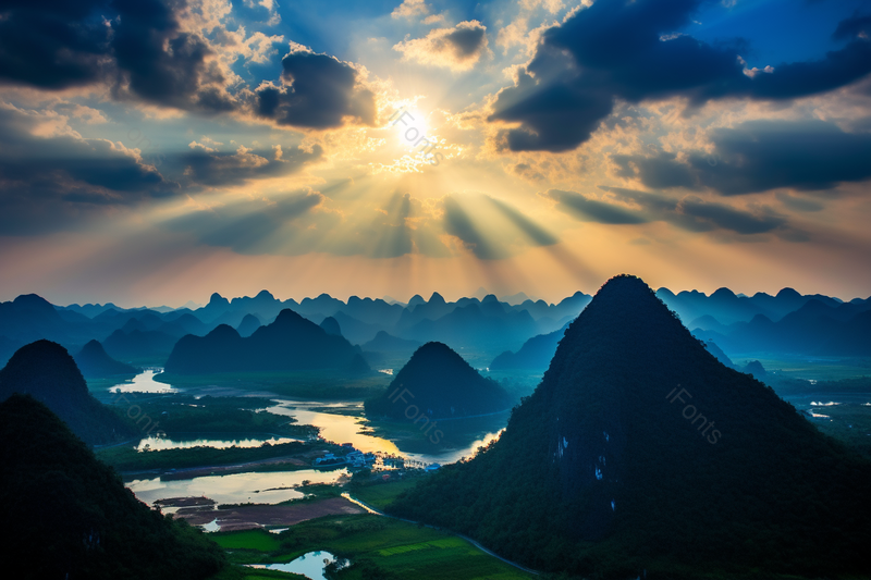 蓝色天空下远处的云南普者黑,高清,摄影图,摄影图片,图片大全,摄影图免费下载